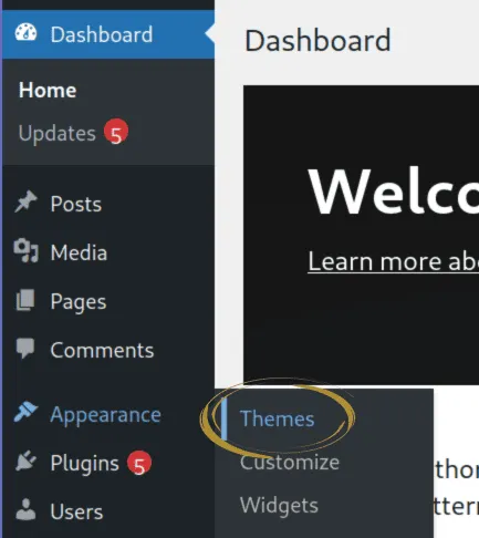 How to change WordPress themes: Go to Appearance and Themes