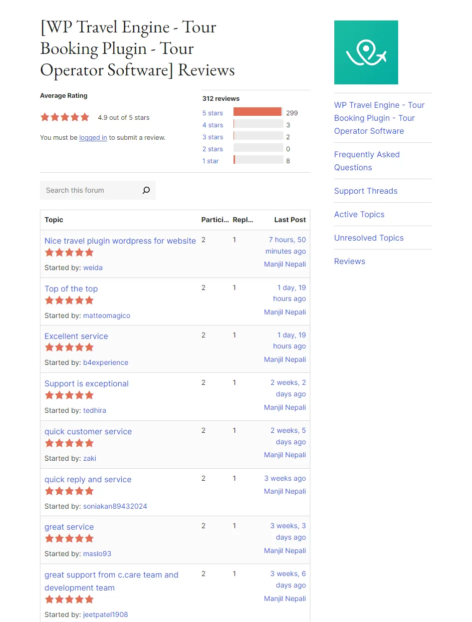 WP Travel Engine Average ratings and reviews