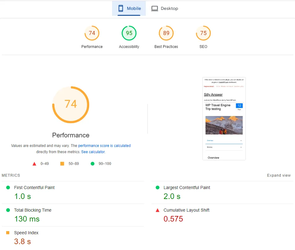 WP Travel Engine Speed Test Mobile Version